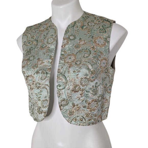 Vintage Jackets & Blazers - VTG Green Gold Embroidered Brocade Floral Vest Metallic 50s 60s Crop Length